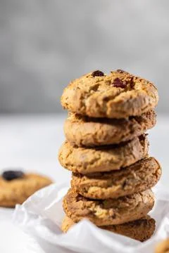 Stack of oatmeal cookies with raisins, hero view, healthy cookies, dieting Stock Photos