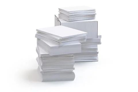 A stack of office papers and a white box. 3d render Stock Illustration