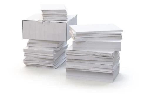 A stack of office papers and a white box. 3d render Stock Illustration