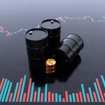 Stack of oil barrels and graph chart. Changes in prices in energy market concept Stock Illustration