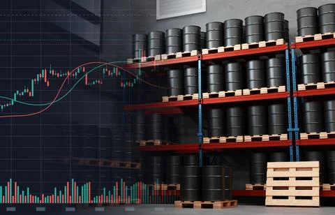 Stack of oil barrels and graph chart. Changes in prices in energy market concept Stock Illustration