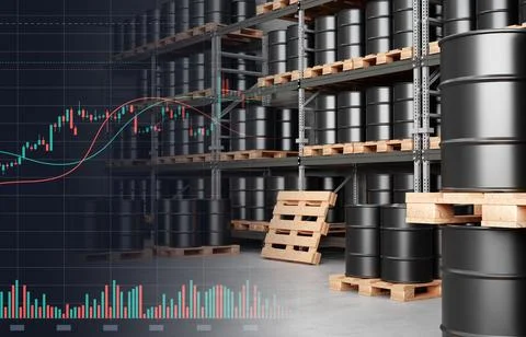 Stack of oil barrels and graph chart. Changes in prices in energy market concept 스톡 일러스트