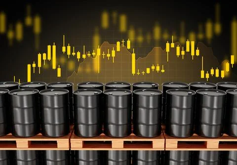 Stack of oil barrels and graph chart. Changes in prices in energy market concept Stock Photos