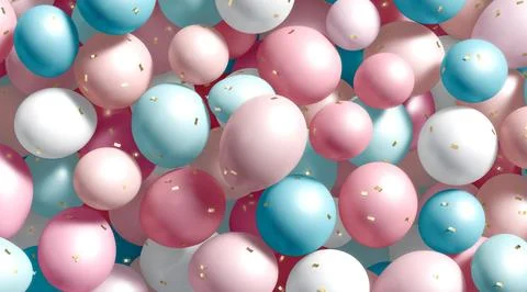 Stack of oink and blue round balloons with confetti mockup Stockfoto's
