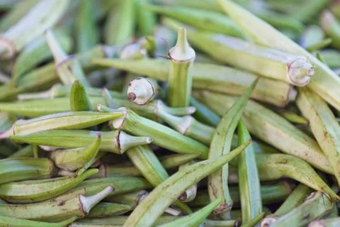 Stack of okras on a market stall 스톡 사진