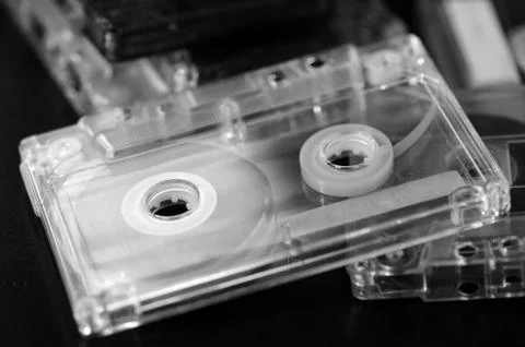 A stack of old audio cassettes. Black and White 写真素材