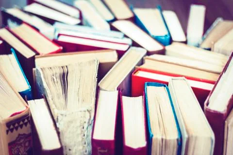 Stack of old book education concept background, many books piles with copy sp Stock Photos