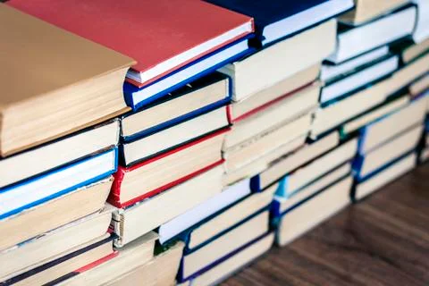 Stack of old book education concept background, many books piles with copy sp Stock Photos