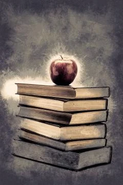Stack of Old Books With an Apple on Top Stock Illustration