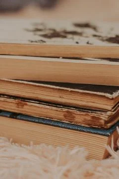 A stack of old books on a cozy fluffy beige blanket. Place for text. Stock Photos