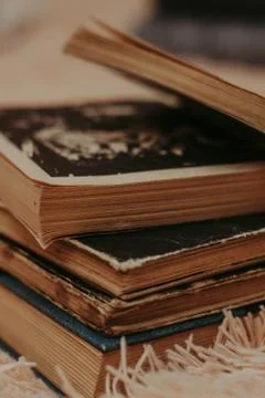 A stack of old books on a cozy fluffy beige blanket. Place for text. Stock Photos