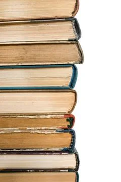 Stack of old books on the side on white isolated background. Love read concep Stock Photos