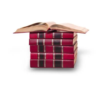 A stack of old books on the white Stock-Fotos