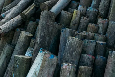 Stack of old circular firewoods Stockfoto's