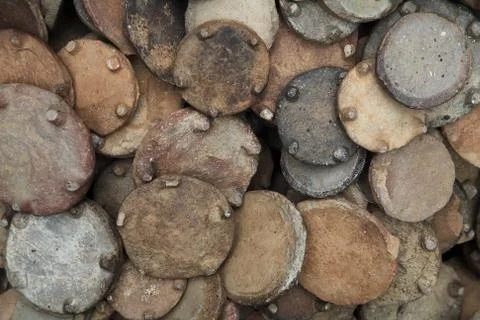 Stack of old clay pottery or tray Stock Photos