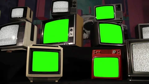 Stack of Old CRT Televisions Turning On with Five Chroma Displays - 4K Stock Footage 237215864