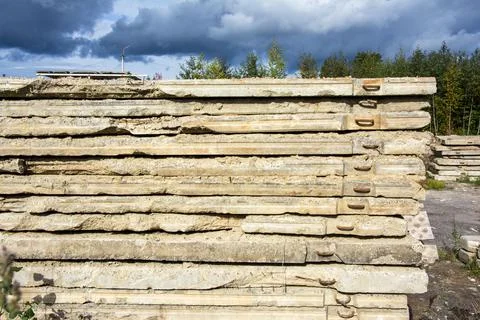 A stack of old dismantled concrete road slabs Foto stock