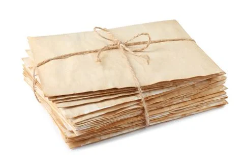 Stack of old letters wrapped with twine on white background 스톡 사진