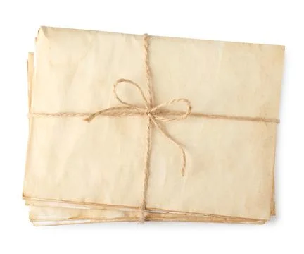 Stack of old letters wrapped with twine on white background, top view 스톡 사진