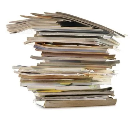 Stack of old magazines isolated on white. Paper recycling Stock Photos