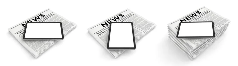 Stack of old newspapers and a tablet pc on a white background. Stock Photos