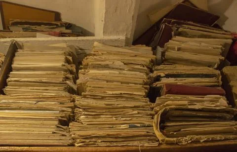 A stack of old papers on the shelves Stock Photos