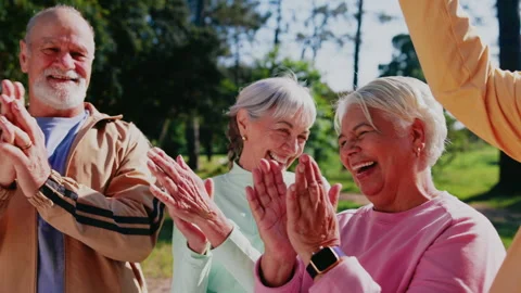 Stack, old people and applause in park for fitness, support and senior exercise Stock Footage 347270450