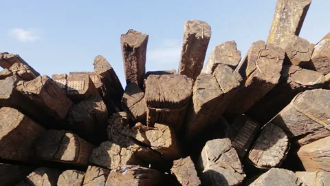 Stack of old railroad ties - pile of wooden sleepers, used and discarded. Stock Footage 167510935