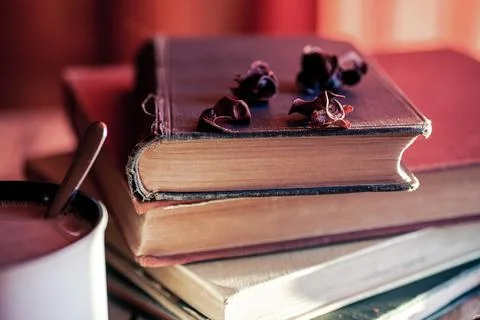 A stack of old shabby books and a mug with hot chocolate, concept of cozy pla Stock Photos