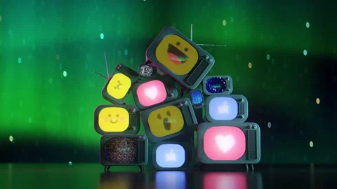Stack of Old Televisions Displaying Social Media Emojis 3D Render Loop Animation Stock Footage 344094215