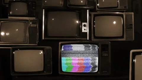 Stack Of Old Televisions With Single Green Screen Activation, Sepia Tone - Zoom Stock Footage 321377701