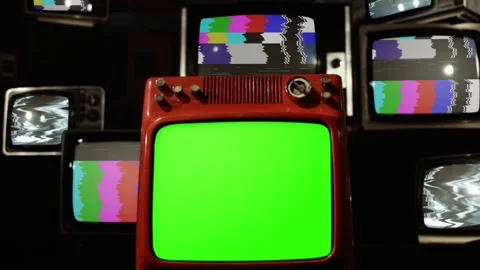 Stack of Old TVs with Color Bars and Static Noise and Retro TV Green Screen. Stock Footage