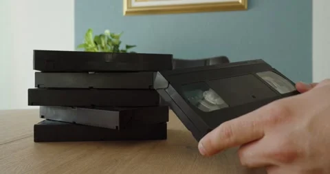 Stack of Old VHS Cassette Tapes Close Up Stock Footage 342345050