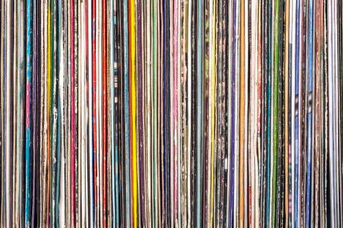 Stack of old vinyl records. Stock Photos
