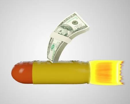 Stack of one hundred dollar bills on a bullet on white grey background. Your Stock Illustration