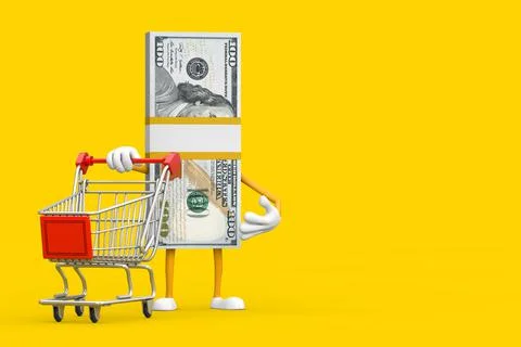 Stack of One Hundred Dollar Bills Person Character Mascot with Shopping Cart  Stock-Illustration