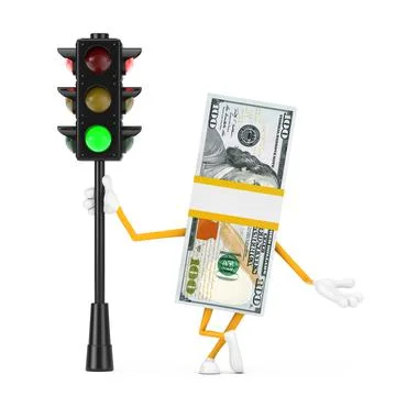 Stack of One Hundred Dollar Bills Person Character Mascot with Traffic Green  Stock Illustration