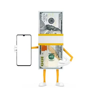 Stack of One Hundred Dollar Bills Person Character Mascot and Modern Mobile P Stock Illustration