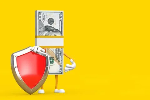 Stack of One Hundred Dollar Bills Person Character Mascot with Red Metal Prot Illustrazione stock