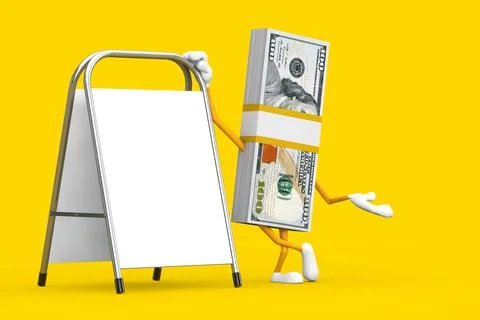 Stack of One Hundred Dollar Bills Person Character Mascot with White Blank Ad Stock Illustration