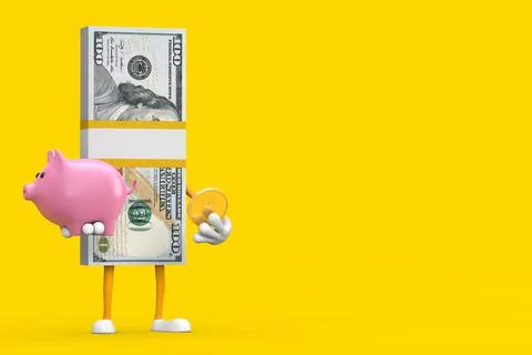 Stack of One Hundred Dollar Bills Person Character Mascot with Piggy Bank and Illustrazione stock