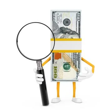 Stack of One Hundred Dollar Bills Person Character Mascot with Magnifying Gla Stock Illustration