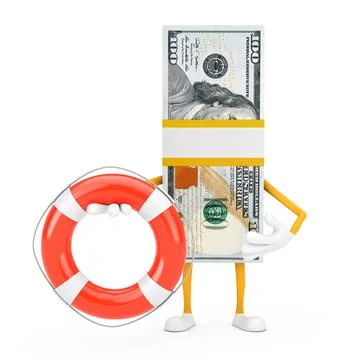 Stack of One Hundred Dollar Bills Person Character Mascot with Life Buoy. 3d  Illustrazione stock