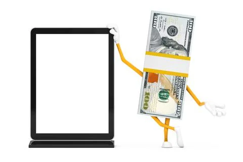 Stack of One Hundred Dollar Bills Person Character Mascot with Blank Trade Sh Stock Illustration
