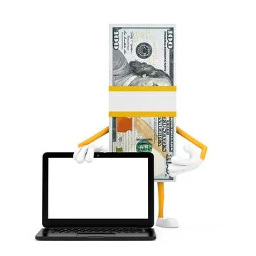 Stack of One Hundred Dollar Bills Person Character Mascot with Modern Laptop  Illustrazione stock