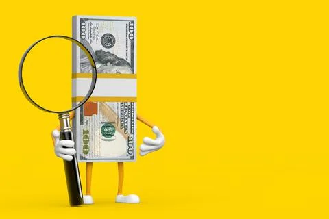 Stack of One Hundred Dollar Bills Person Character Mascot with Magnifying Gla Illustrazione stock