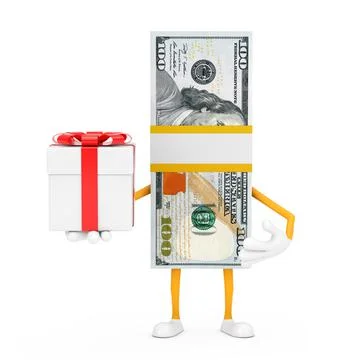 Stack of One Hundred Dollar Bills Person Character Mascot with Gift Box and R Stock Illustration