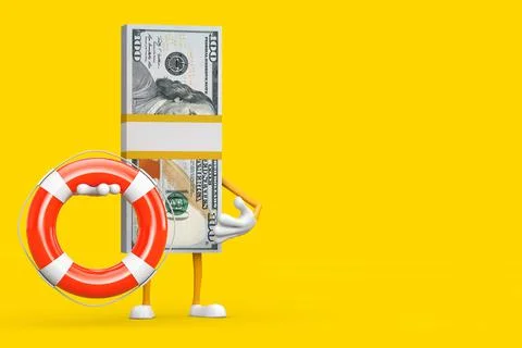 Stack of One Hundred Dollar Bills Person Character Mascot with Life Buoy. 3d  Illustrazione stock