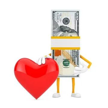 Stack of One Hundred Dollar Bills Person Character Mascot with Red Heart. 3d  イラスト素材