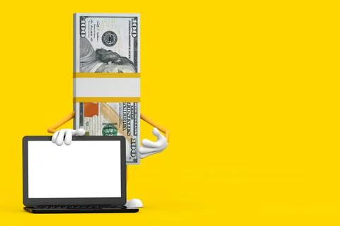 Stack of One Hundred Dollar Bills Person Character Mascot with Modern Laptop  Illustrazione stock